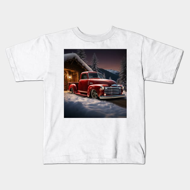 A festive red Christmas-themed Chevy 3100 Kids T-Shirt by Spearhead Ink